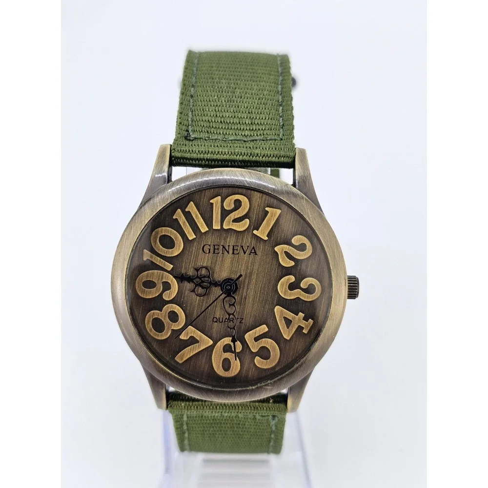 Men's Analog Watch 38MM Bronze Dial New Army Green Canvas Bands New Battery